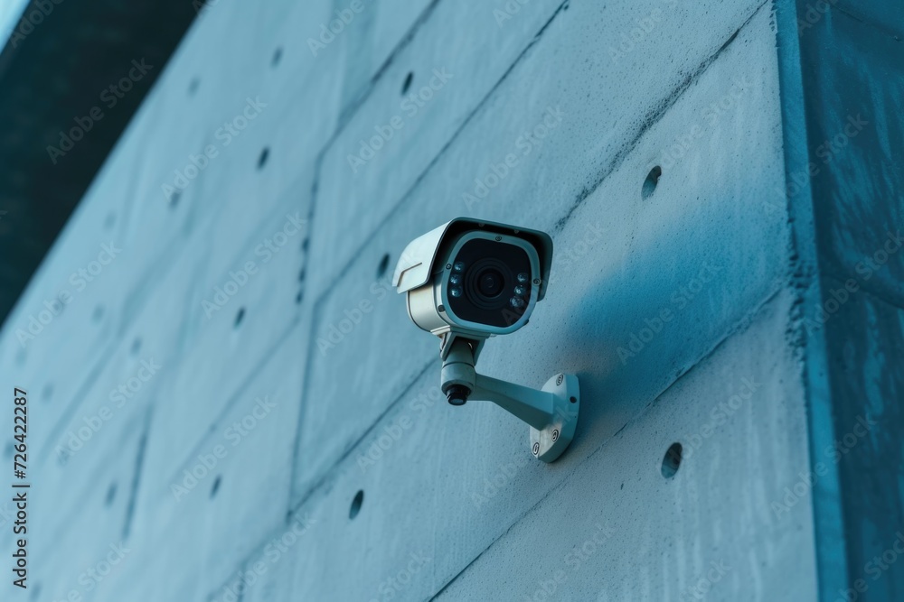 Poster A security camera mounted on the side of a building. Can be used for surveillance and monitoring purposes
