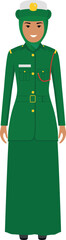Standing Muslim Arabian Policewoman Officer in Traditional Uniform Character Icon in Flat Style. Vector Illustration.
