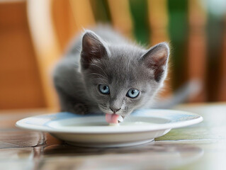 Gray kitten licks milk from his plate.