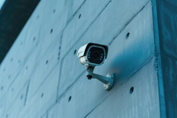 A security camera mounted on the side of a building. Can be used for surveillance and monitoring purposes
