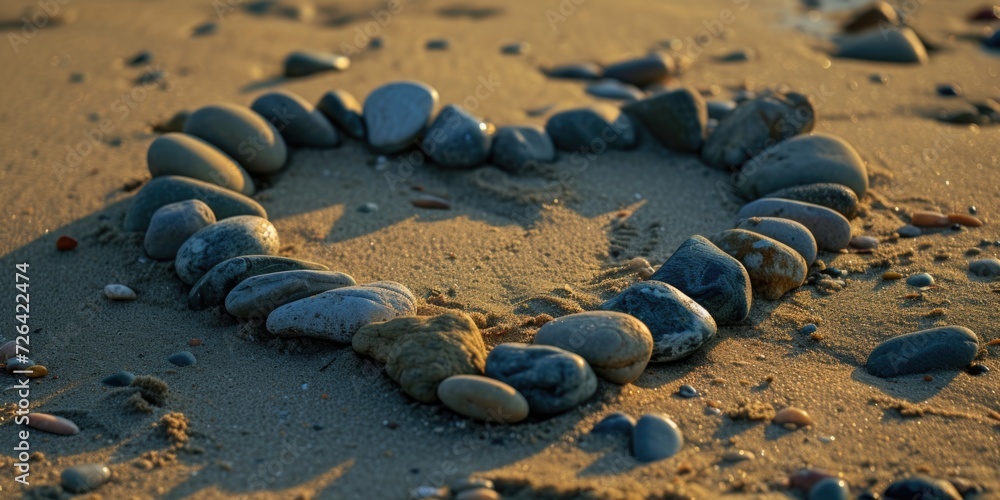 Poster a heart made out of rocks on a beach. suitable for romantic concepts or as a symbol of love.