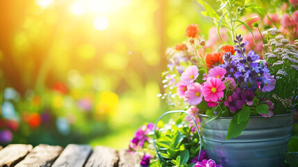 Variety of garden potted flowers green plants. Gardening concept. Bright sunny summer spring day