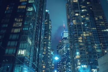 Fototapeta premium A city street at night with tall buildings. Perfect for urban landscape or cityscape photography