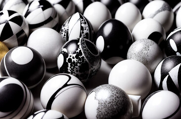 Black and white Easter eggs with geometric patterns.