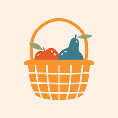 Cute cottagecore illustration with basket with apple and pear. Farm life. Village aesthetic. Cartoon clip art in flat design. Objects for picnic, eating on outdoor.