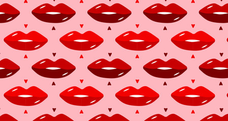 Lips seamless pattern. Beautiful pink red with hearts. Cosmetic or fashion wallpaper. Make up backdrop. Kiss and love elements.