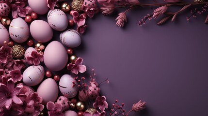 Happy Easter greeting background with eggs and flower. Easter eggs background with copy space area. Frame background.