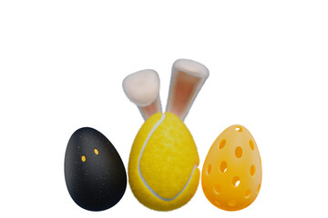 Sports racquet balls in the shape of an egg with Easter bunny ears. 3d rendering