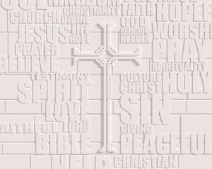 Christianity concept illustration. Cross with relative words cloud on brick wall. 3D render