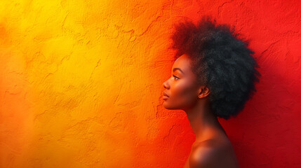 Beautiful Black woman with curly hair side view on vibrant orange yellow wall background. Fashion skin care female health concept - Powered by Adobe