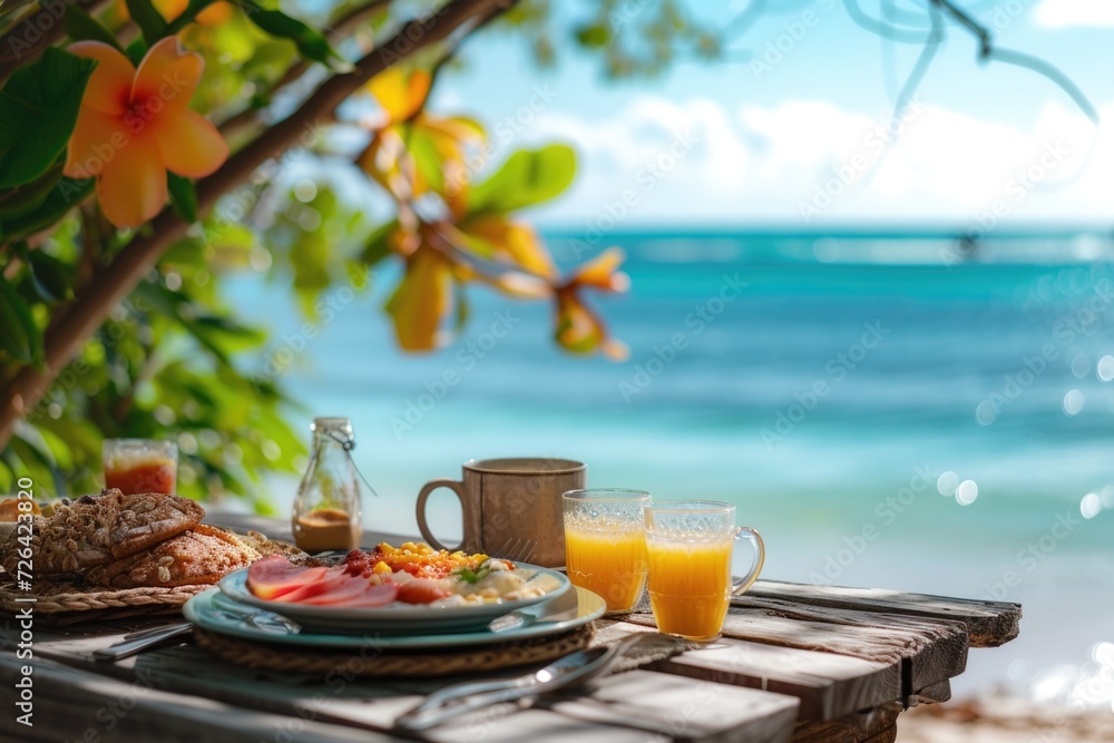 Poster a picture of a table with a plate of food and a glass of orange juice. this image can be used to sho