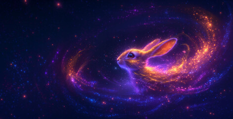 Easter bunny in shining neon lights. Sparkling banner with glitter particles and starry cosmic dust among the twinkling stars. Futuristic style, copy space. Generative AI