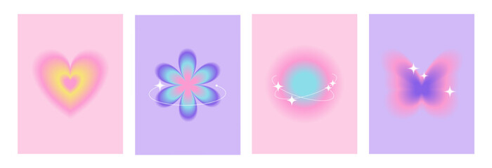 Blurry gradient shapes with white sparkles, abstract posters for social media. Trendy y2k aura backgrounds with flower, butterfly, heart shapes.  Vector    - obrazy, fototapety, plakaty
