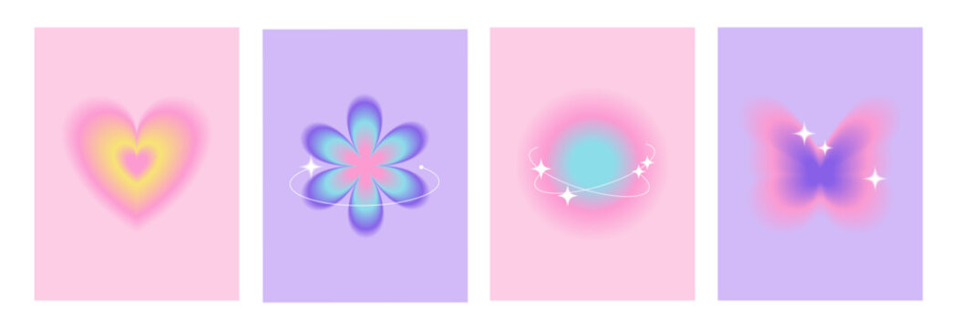 Blurry gradient shapes with white sparkles, abstract posters for social media. Trendy y2k aura backgrounds with flower, butterfly, heart shapes.  Vector   