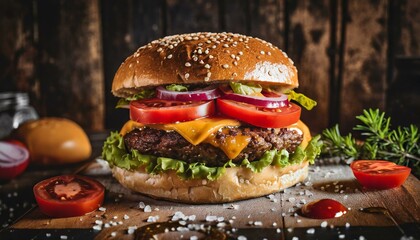 O melhor hambúrguer do mundo é uma obra-prima culinária que combina ingredientes de alta qualidade, preparação artesanal e uma explosão de sabores inigualável.  - obrazy, fototapety, plakaty