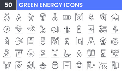 Fototapeta na wymiar Ecology vector line icon set. Contains linear outline icons like Renewable Energy, Environment, Sustainability, Plant, Nature, Recycle, Leaf, Tree, Waste, Electric Bike. Editable use and stroke.