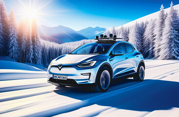 Electric car on a snowy road against the backdrop of mountains and forest