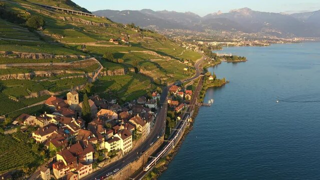 Lavaux, Switzerland: Cinematic aerial drone footage of a train riding through the Lavaux vineyards along lake Geneva in Canton Vaud in Switzerland in late afternoon by the Saint Saphorin village.