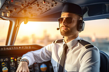 
attractive pilot shows safety precautions on the plane