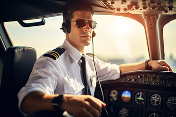 
attractive pilot shows safety precautions on the plane