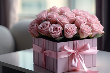 Beautiful bouquet of pink roses in gift box on window background