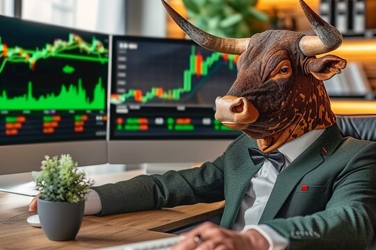 Bull market  anamorphic bull in green suit with stock share graphics on big monitor in old house