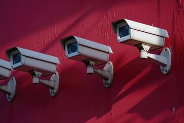 Three surveillance cameras mounted on a red wall. Can be used for security or monitoring purposes