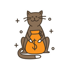 A cat with the bag of money with a dollar symbol. Doodle style. Symbol of wealth, Bank, capital. A simple funny illustration is hand drawn and isolated on a white background