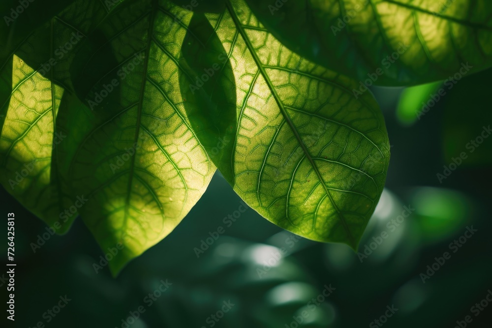Poster A detailed close-up shot of a single leaf on a tree. This image can be used to showcase the intricate details and beauty of nature