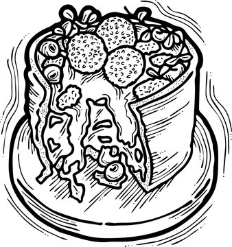 recommend clip art: Sweet dessert cake with fruits for celebration birthday party or wedding, tasty breakfast. For cafe, restaurant menu print, postcard or poster. Hand drawn illustration. Cartoon style line art drawing.