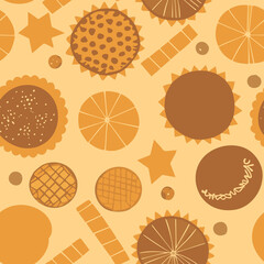 Baking seamless pattern. Buns and cookies for packaging and menu. Bagels and pretzels are homemade. Image of freshly made cookies and buns endless wallpaper. - 726426019