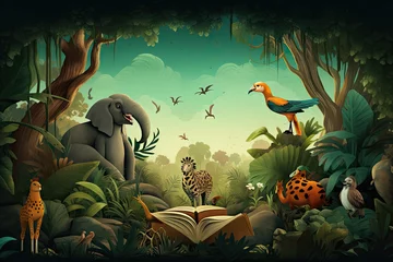 Deurstickers  kid book style , animal and jungle background © Kitta