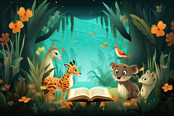 Obraz na płótnie Canvas kid book style , animal and jungle background