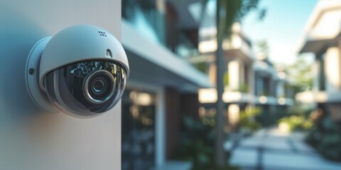 A security camera mounted on the side of a building. Suitable for surveillance and security-related themes