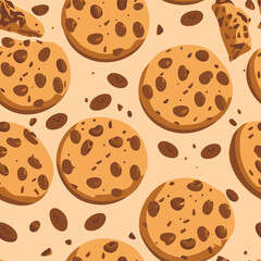 Seamless pattern with chocolate chip cookie. Background with freshly baked choco cookie. Food pattern. - 726426097