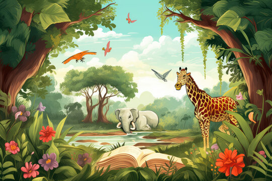 
kid book style , animal and jungle background
