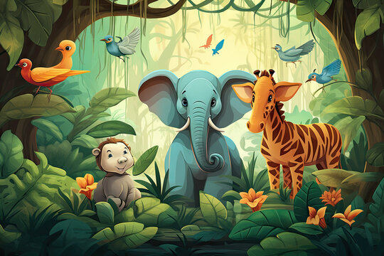 
kid book style , animal and jungle background
