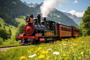 Vintage steam locomotive in the Alps with flowers and mountains in the background - obrazy, fototapety, plakaty