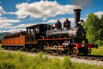 Naklejka premium Vintage steam locomotive in the Alps with flowers and mountains in the background