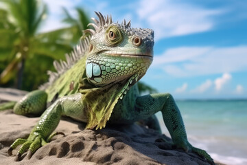 Obraz premium nature reportage, green iguana on a tropical beach with jungle