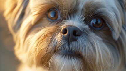 A close-up view of a dog's face with a blurry background. Can be used to capture the emotions and expressions of a beloved pet.
