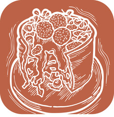 Sweet dessert cake with fruits for celebration birthday party or wedding, tasty breakfast. For cafe, restaurant menu print, postcard or poster. Hand drawn illustration. Cartoon style line art drawing.