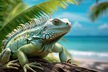Obraz premium nature reportage, green iguana on a tropical beach with jungle