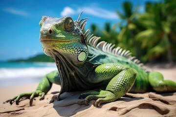 Obraz premium nature reportage, green iguana on a tropical beach with jungle