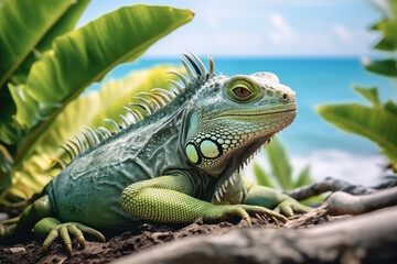 Obraz premium nature reportage, green iguana on a tropical beach with jungle