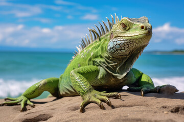 Fototapeta premium nature reportage, green iguana on a tropical beach with jungle