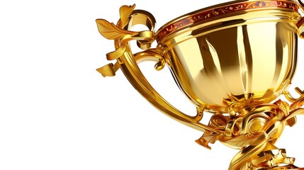 Shiny gold trophy cup isolated on white background for winning achievement and success recognition
