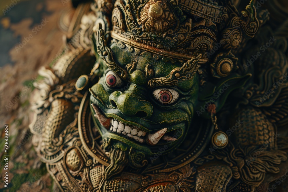 Poster a detailed close-up of a statue's face. suitable for artistic projects or historical references