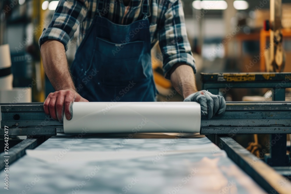 Aufkleber A man in overalls is working on a roll of paper. This image can be used to illustrate a variety of concepts related to manual labor, manufacturing, or the printing industry