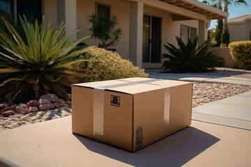 Online shopping delivery. cardboard parcel box delivered to front door for contactless drop-off